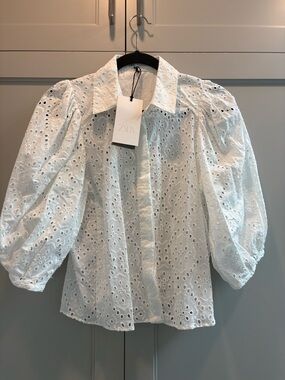 Zara White Eyelet Puff-Sleeve Cotton Blouse
